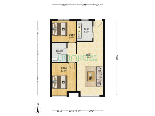 恒大盛京珺庭 2室1厅1卫 89平方