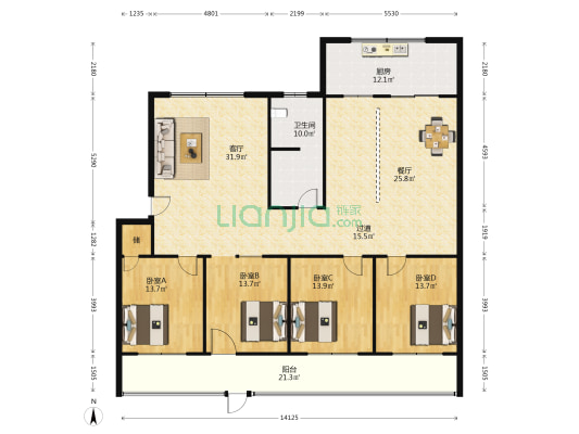 农信宿舍西院 4室2厅1卫 134平方