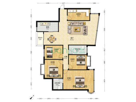 金源中心住宅楼 4室1厅2卫 165平方