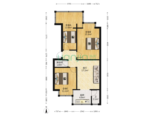 昆烟二部小区 3室1厅2卫 57平方