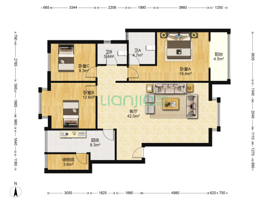 万邦金地阁 3室1厅2卫 124平方
