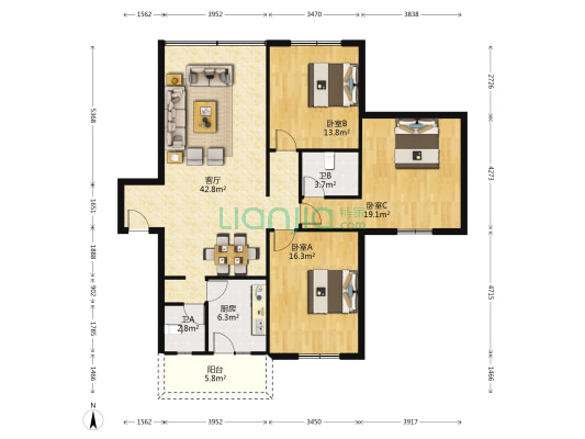 西城公寓 3室1厅2卫 130平方