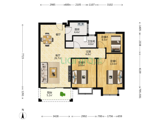 兰亭熙园 3室2厅1卫 105平方