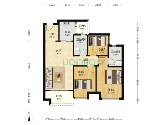 旭辉江山三期 3室1厅2卫 88平方