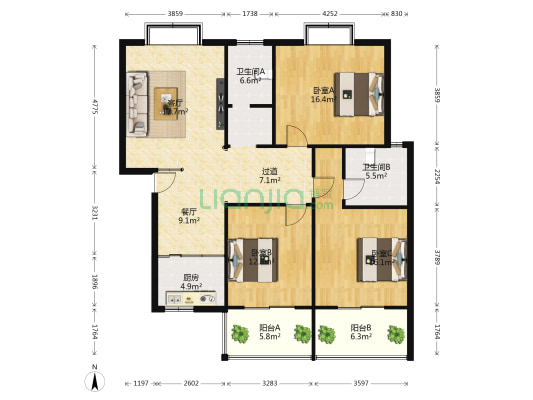 华鑫公寓 3室2厅2卫 144平方