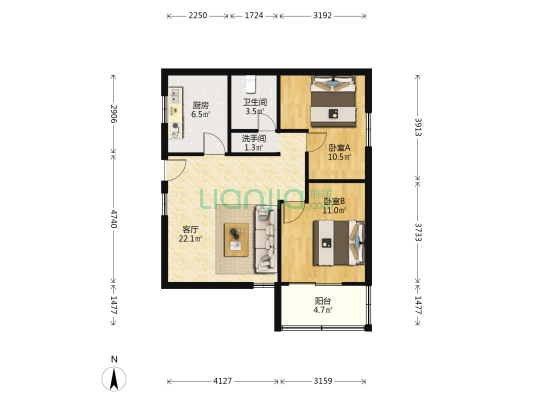 海富公寓 2室1厅2卫 89平方