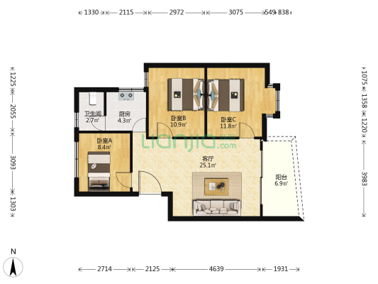 骏景大厦 3室1厅1卫 81平方