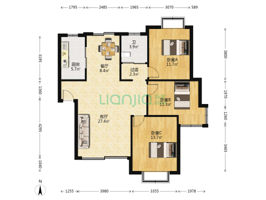 岭南雅苑 3室2厅1卫 109平方