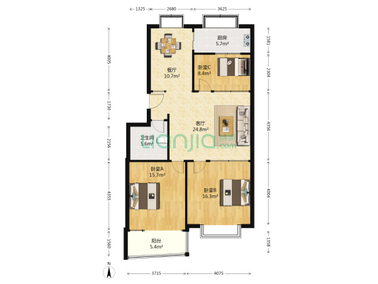 龙门山庄 3室2厅1卫 112平方