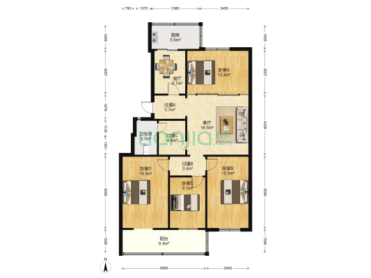 国防工办宿舍 4室2厅1卫 126平方
