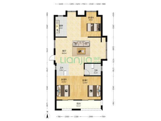中庚香江世界三区 3室1厅2卫 117平方