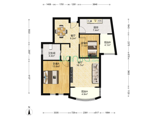 高迪晶城 2室2厅1卫 92平方