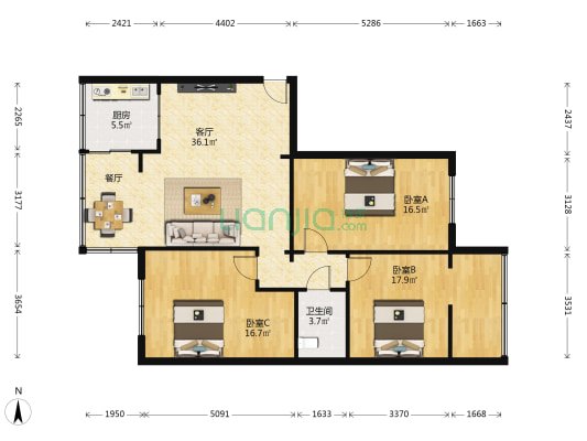 三角线送变电小区 3室1厅1卫 108平方