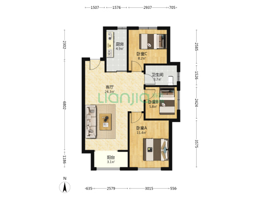 大华锦绣华城 3室1厅1卫 92平方