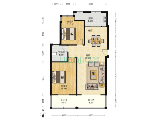 濠滨花园 2室1厅1卫 94平方