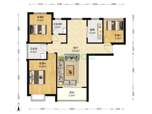 恒景花园 3室1厅2卫 91平方