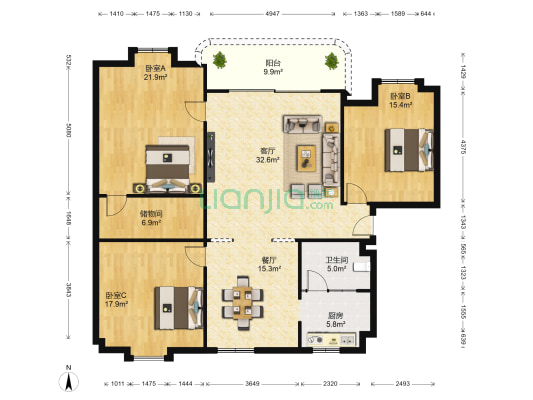 嘉华大厦 3室2厅1卫 144平方