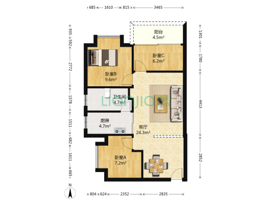 员村山顶建设局宿舍 3室1厅1卫 75平方