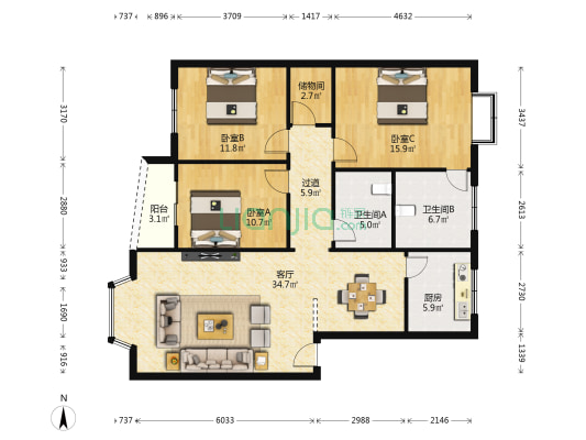 港通花园 3室1厅2卫 122平方