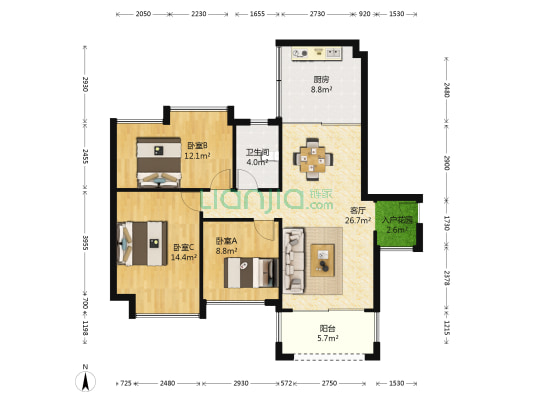 保利香槟花园B区 3室1厅1卫 92平方