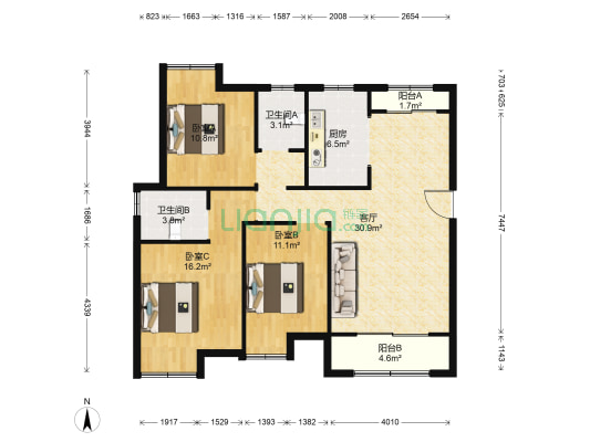 东津世纪城2区金域府 3室1厅2卫 123平方