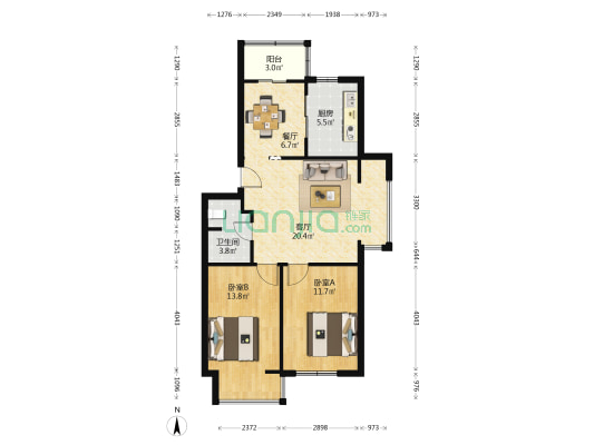 中房上东花墅迎春园 2室2厅1卫 82平方