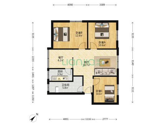 新民街264号 3室2厅1卫 89平方