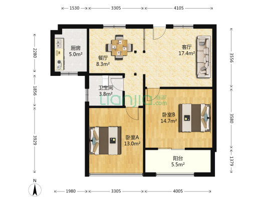 东景新城 2室2厅1卫 91平方