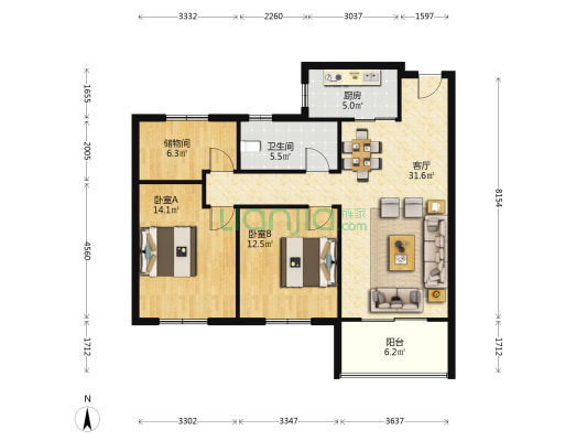 凤凰汇府 2室1厅1卫 116平方