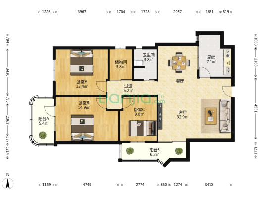 兴鸿广场 3室1厅1卫 124平方