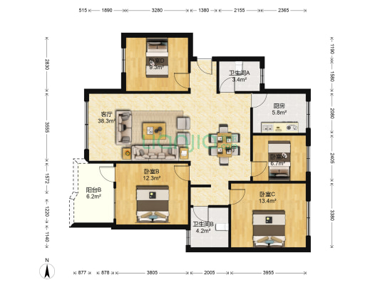 海华阁 4室1厅2卫 112平方