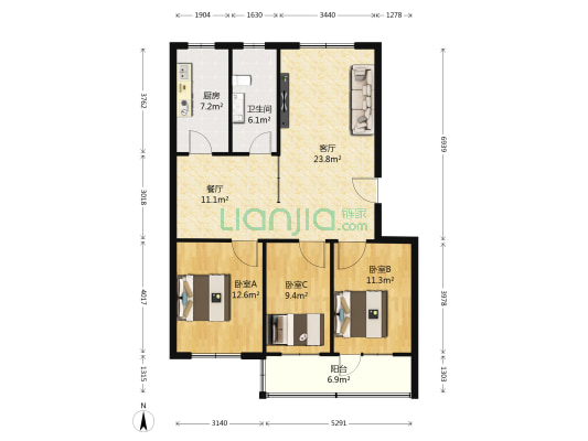 检察院住宅楼 3室2厅1卫 109平方