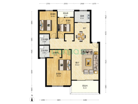 跨湖苑 3室1厅2卫 113平方