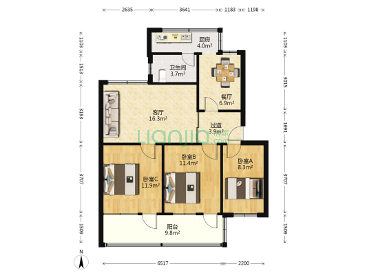 新轻联宿舍 3室2厅1卫 80平方