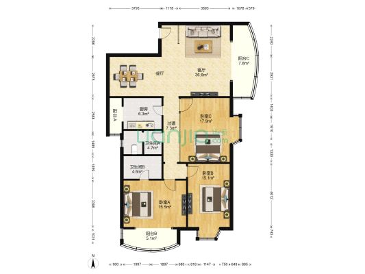万地名苑 3室1厅2卫 160平方