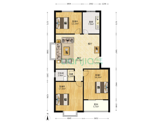 晟景花园 3室1厅1卫 121平方