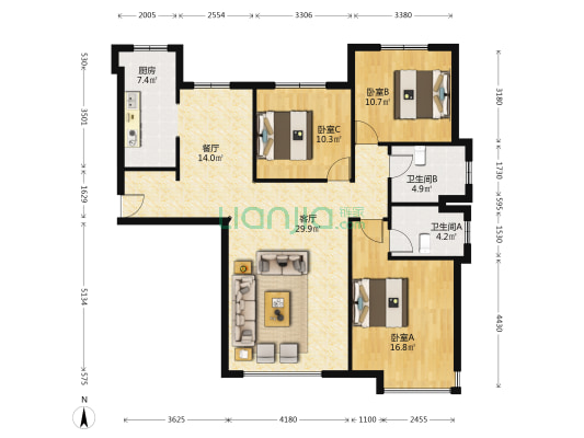 有房本！急售高铁新干线 精装双卫H 大三居-户型图