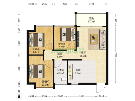 北海名座 3室1厅1卫 87平方