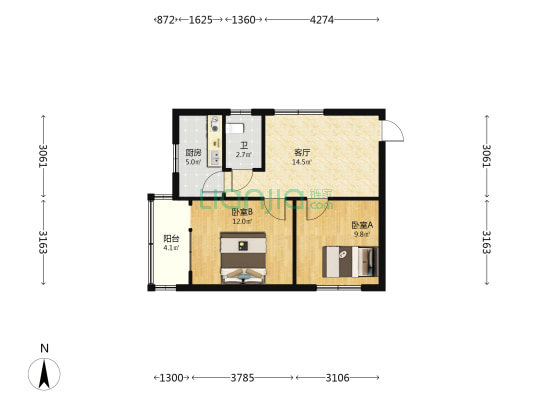 解放西路温馨家园 2室1厅1卫 60平方