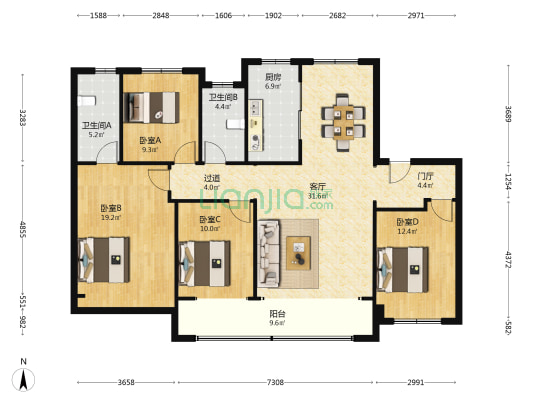 绿城海棠映月 4室1厅2卫 150平方