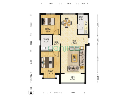 九州中学家属院 2室1厅1卫 93平方