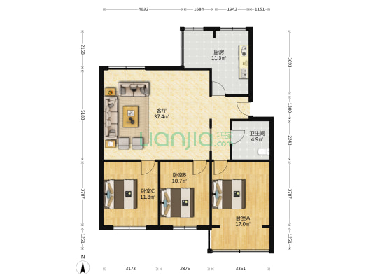 天和小区 3室1厅1卫 113平方