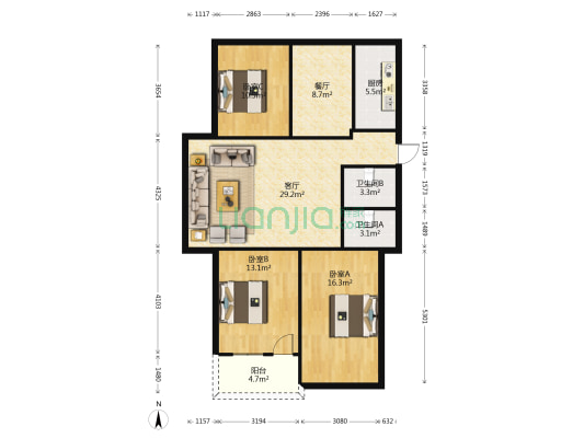 福霞小区 3室2厅2卫 124平方