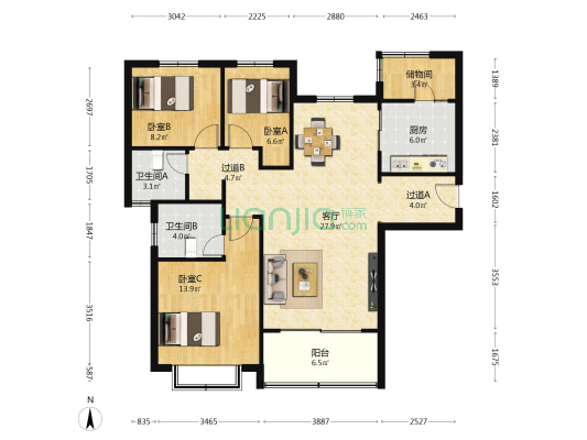 恒大御景天下一期 3室1厅2卫 127平方