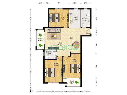 瑞海恒盛新座 3室1厅2卫 143平方
