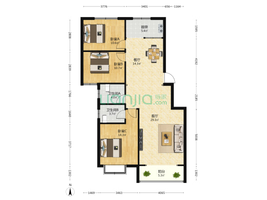 华浩活力城 3室2厅2卫 127平方