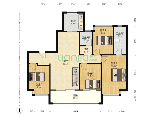 云锦四季 4室1厅2卫 142平方
