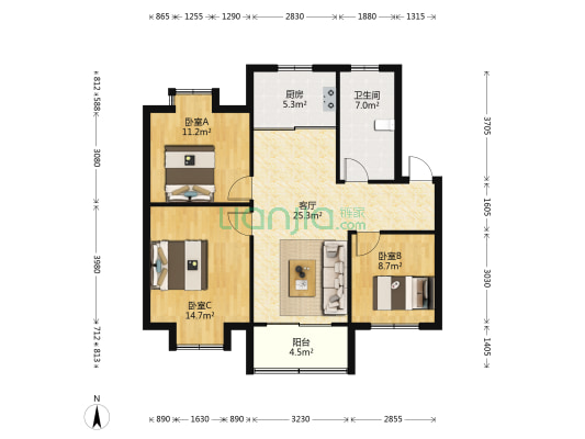 新鹿花苑三期 3室1厅1卫 105平方