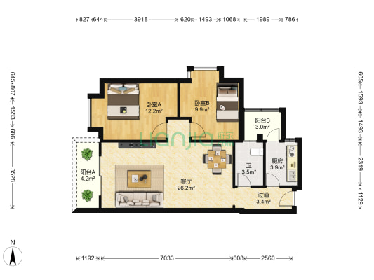 富基广场B区 2室1厅1卫 92平方