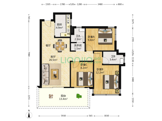万科金域缇香 3室1厅3卫 88平方